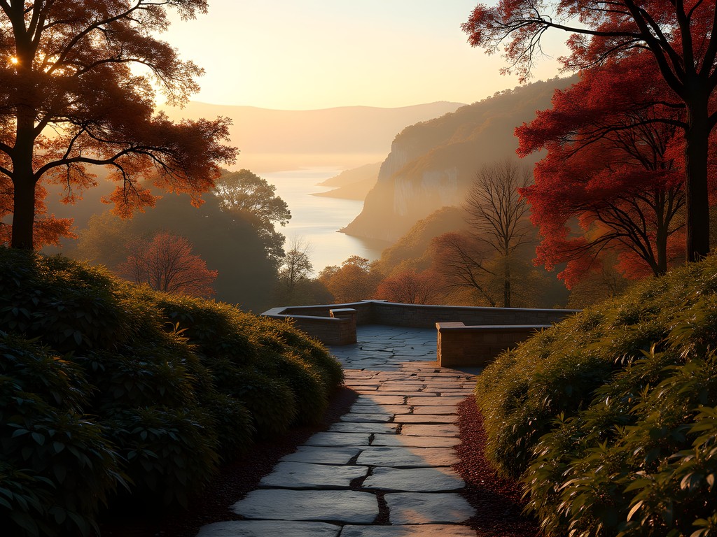 Misty autumn morning at Fort Tryon Park overlooking the Hudson River