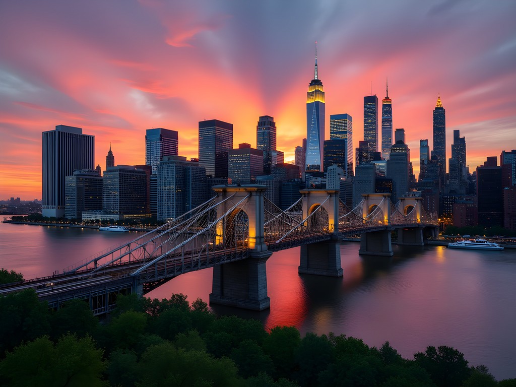 View of Manhattan skyline at sunset from Roosevelt Island Tramway