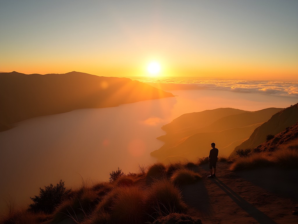 Sunrise view from Ngorongoro Crater rim with golden light illuminating the vast caldera