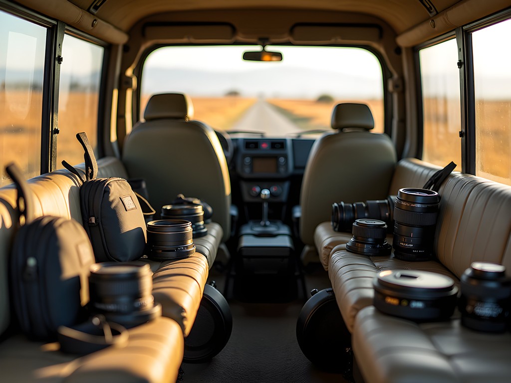 Professional photography gear arranged in safari vehicle with Ngorongoro Crater backdrop