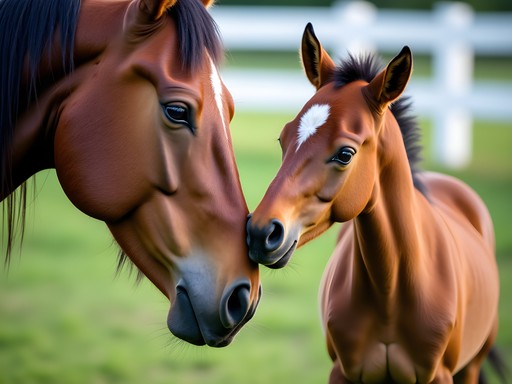 Mare and newborn foal touching noses in Kentucky horse farm pasture