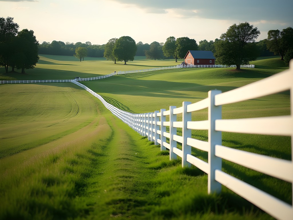 White wooden fences creating leading lines across Kentucky horse farm landscape
