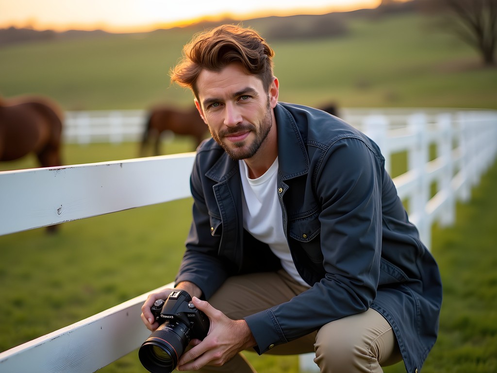 Photographer Robert Moreau setting up equipment at Kentucky horse farm