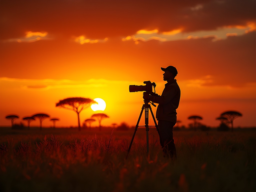 Photographer Brandon Tanaka silhouetted against dramatic African savanna sunset
