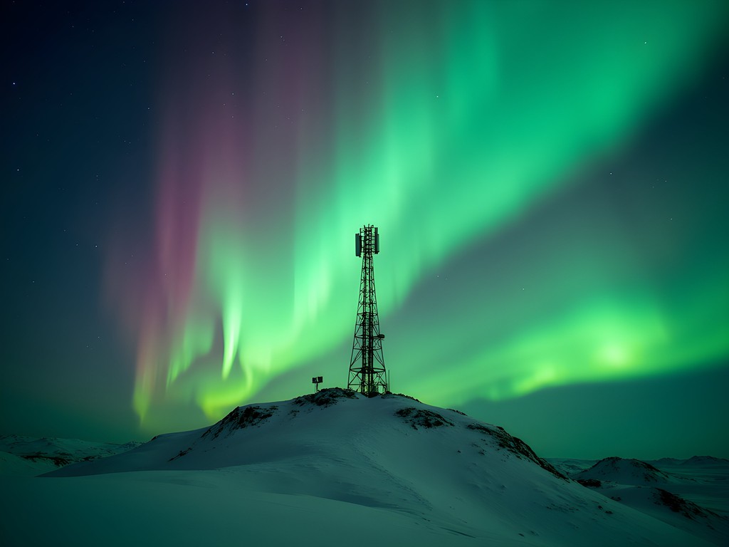 Northern Lights dancing over Anvil Mountain's White Alice antennas near Nome, Alaska