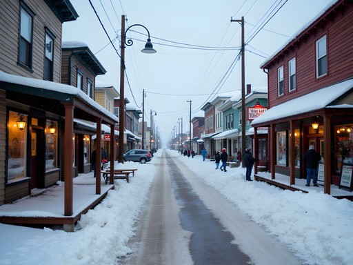 Snow-covered Front Street in downtown Nome, Alaska during winter