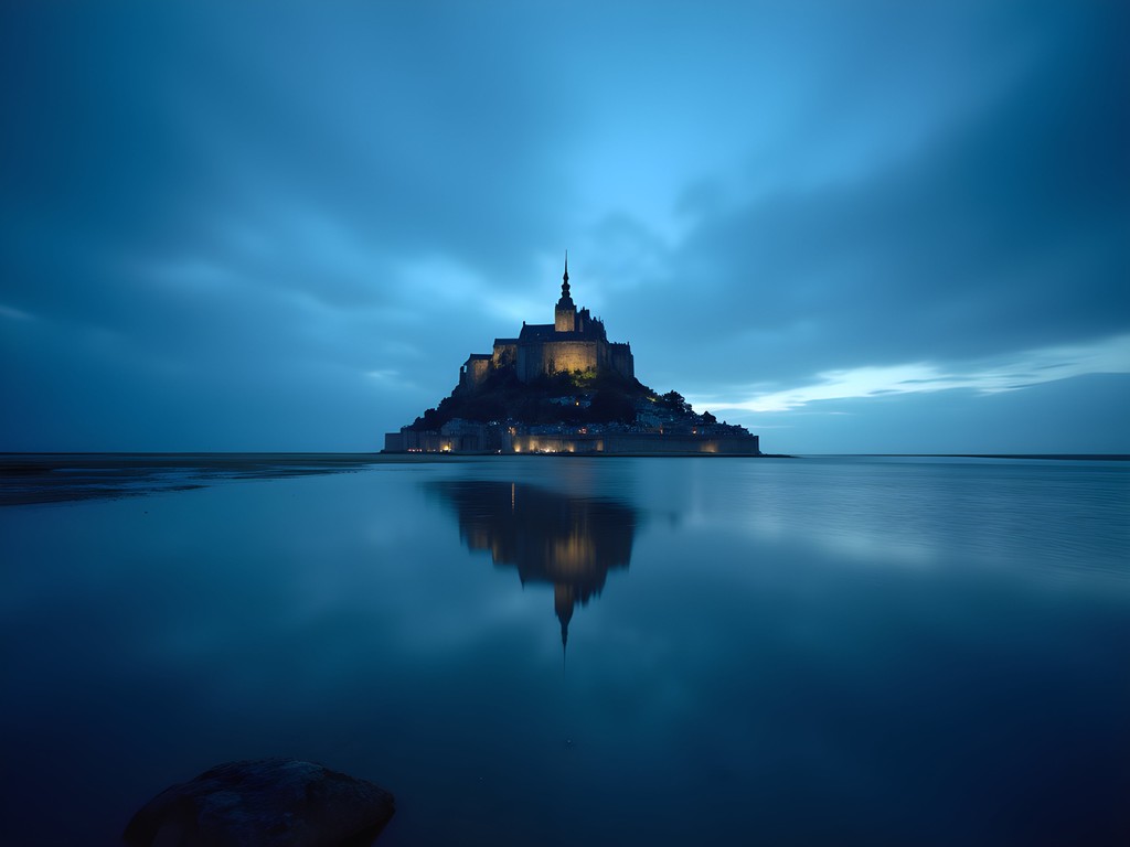 Mont-Saint-Michel silhouette against deep blue pre-dawn sky in autumn