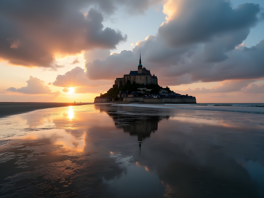 Mont-Saint-Michel fully surrounded by water during high tide with perfect reflection