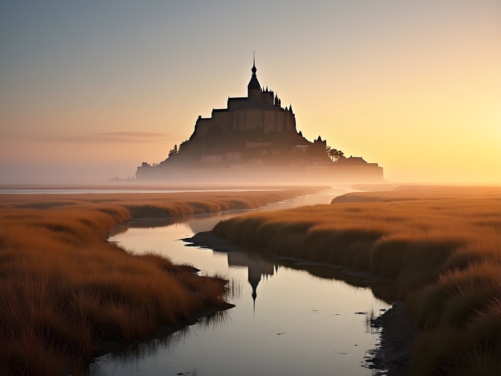 Mont-Saint-Michel viewed from marshlands with golden autumn grasses and morning mist