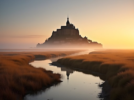 Mont-Saint-Michel viewed from marshlands with golden autumn grasses and morning mist