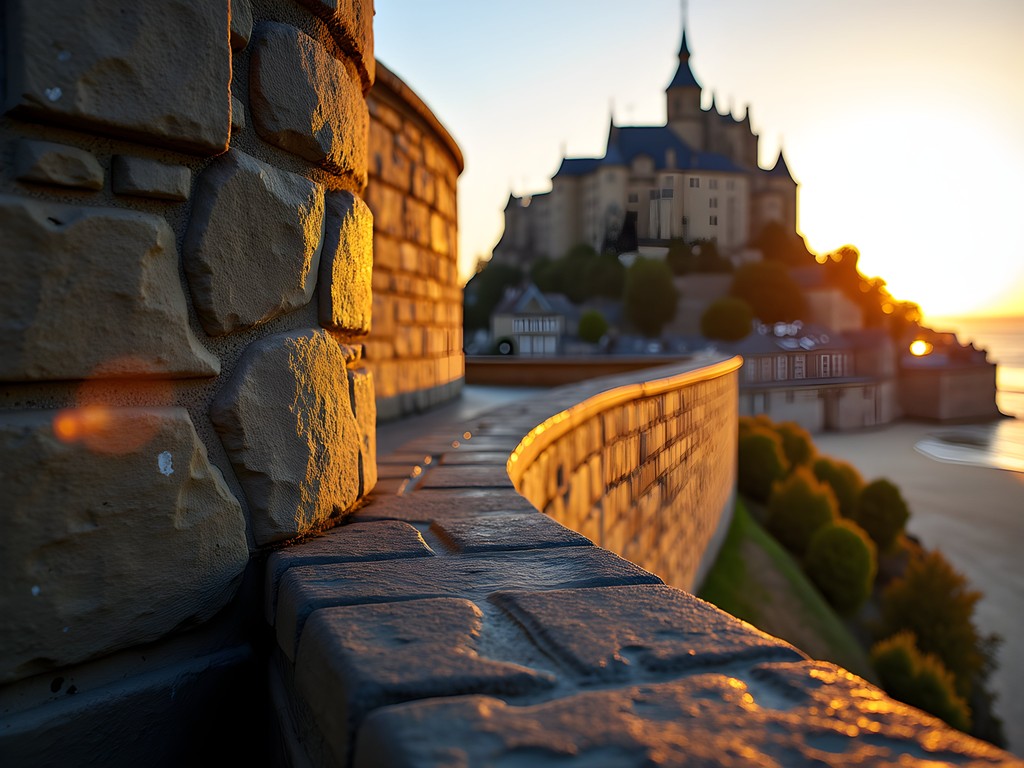 Dramatic shadows on Mont-Saint-Michel stone ramparts in autumn afternoon light