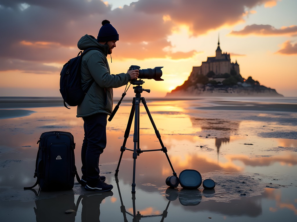 Photographer with professional gear photographing Mont-Saint-Michel at sunrise