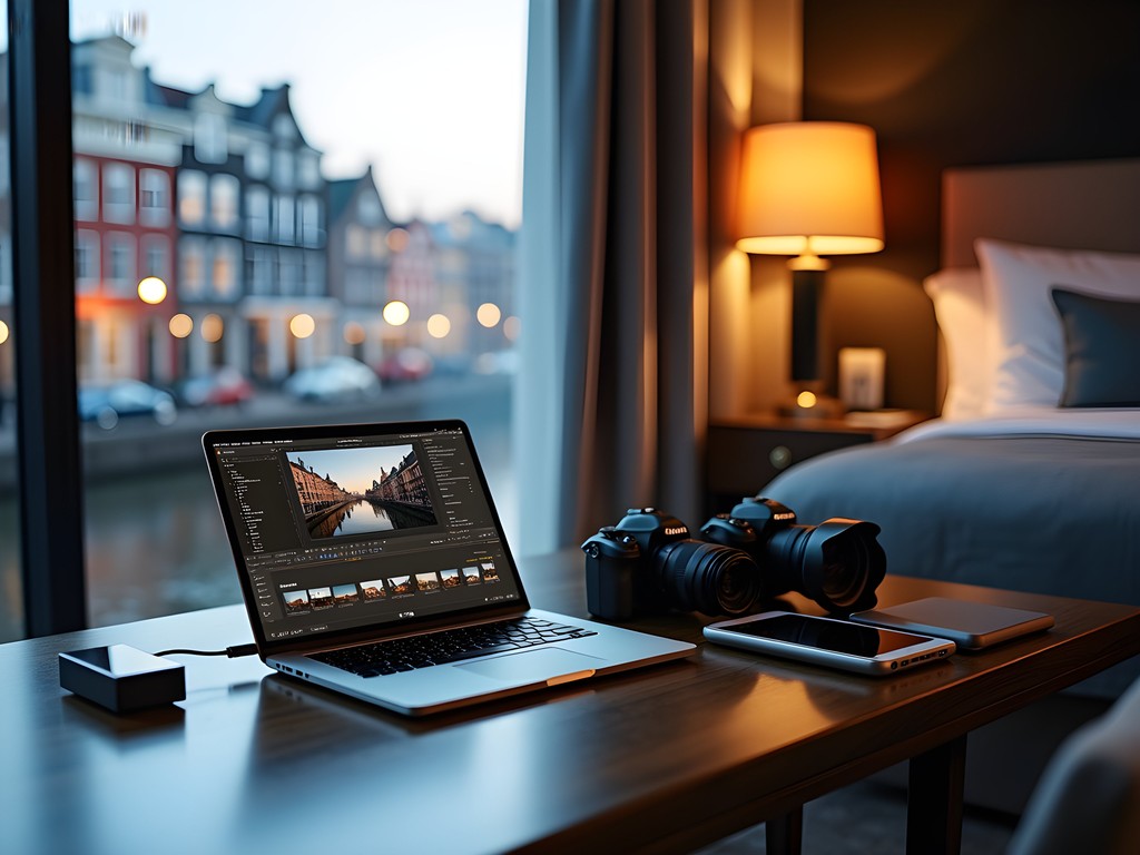 Photographer editing Paris and Amsterdam images on tablet in hotel room
