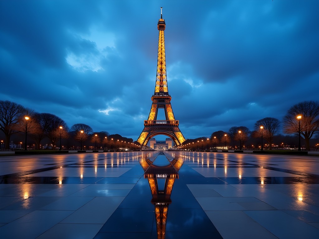 Eiffel Tower during blue hour with empty Trocadéro plaza