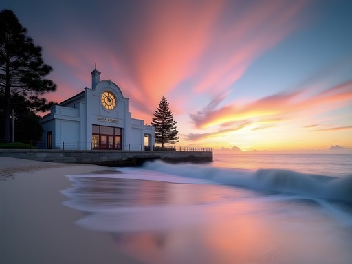 Cottesloe Beach Pavilion at sunset with silky water effect and colorful sky