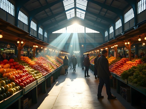 Morning light streaming through Fremantle Markets with colorful produce displays