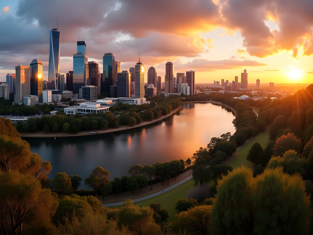 Perth skyline at sunrise from Kings Park with golden light illuminating city buildings