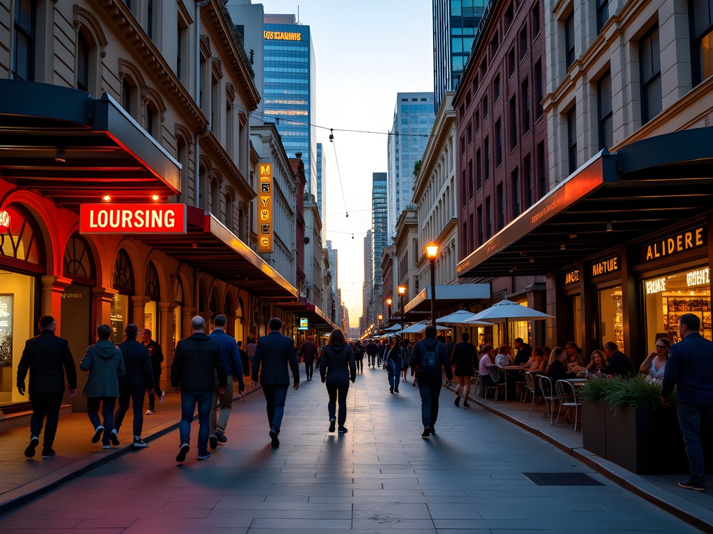 Northbridge street scene at dusk with neon signs and pedestrians