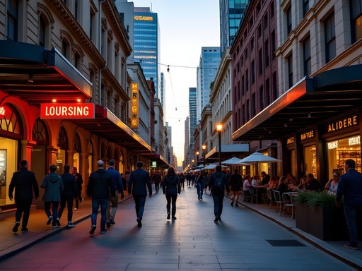 Northbridge street scene at dusk with neon signs and pedestrians