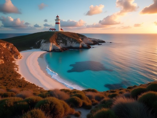 Bathurst Lighthouse on Rottnest Island at sunset with turquoise waters