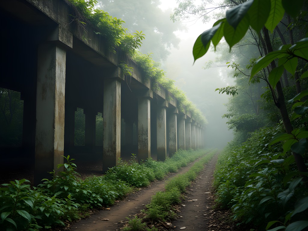 Abandoned concrete structures of former pepper plantation being reclaimed by lush jungle vegetation in Phu Quoc