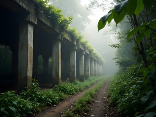 Abandoned concrete structures of former pepper plantation being reclaimed by lush jungle vegetation in Phu Quoc