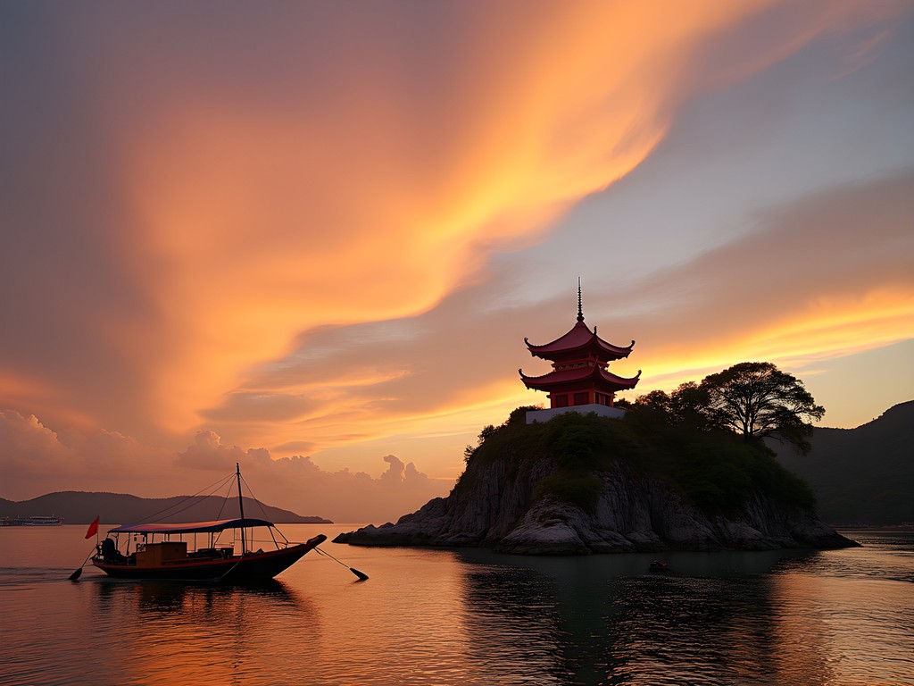 Dinh Cau Rock Temple glowing in golden hour light with fishing boats returning to harbor in Phu Quoc