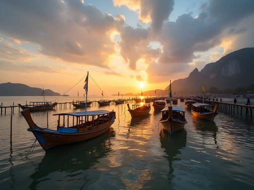 Early morning scene of traditional wooden fishing boats departing Ham Ninh fishing village pier in golden light
