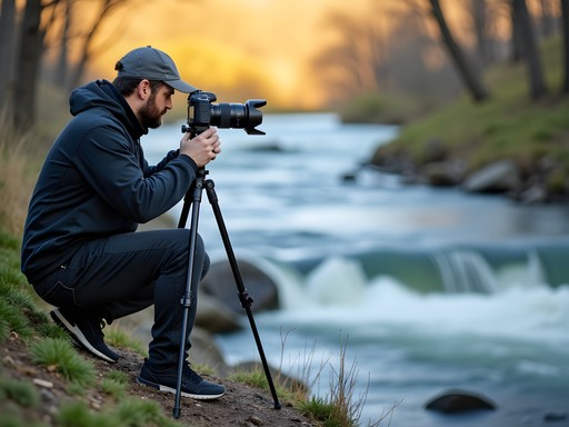 Photographer setting up long exposure shot of Spokane River in Post Falls with tripod and filters