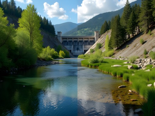 Split composition showing contrast between managed dam flow and natural river section of Spokane River in Post Falls