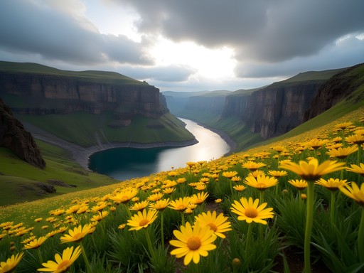 Yellow balsamroot wildflowers overlooking the Spokane River gorge in Post Falls during spring bloom