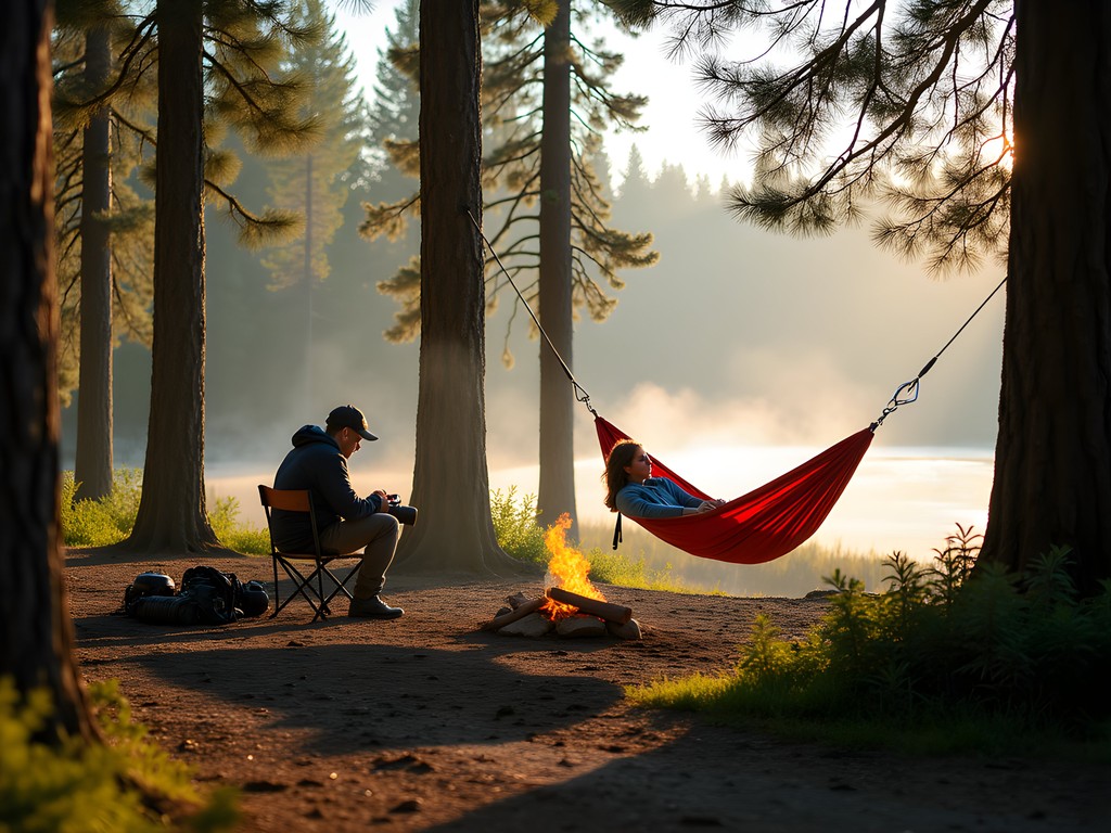 Photographer preparing camera gear at Q'emiln Park campsite during early morning in Post Falls, Idaho