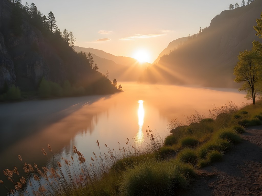 Sunrise at Q'emiln Park with fog rising from the Spokane River in Post Falls, Idaho