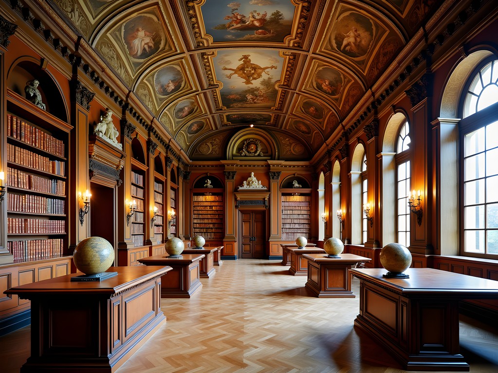 Ornate interior of the Baroque Library Hall in Klementinum with historic globes and ceiling frescoes