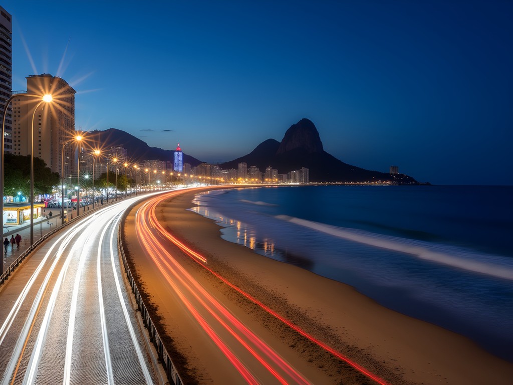 Long exposure night photography of Copacabana beach promenade with light trails