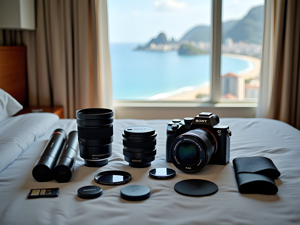Essential photography equipment laid out for capturing Rio de Janeiro