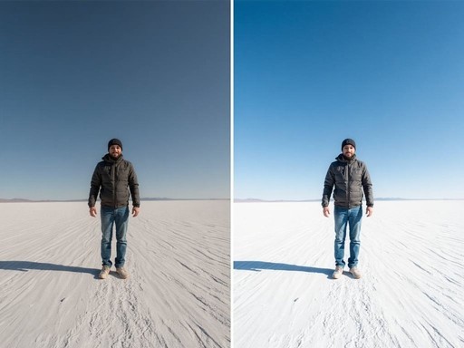 Before and after photo editing comparison for salt flat perspective photography