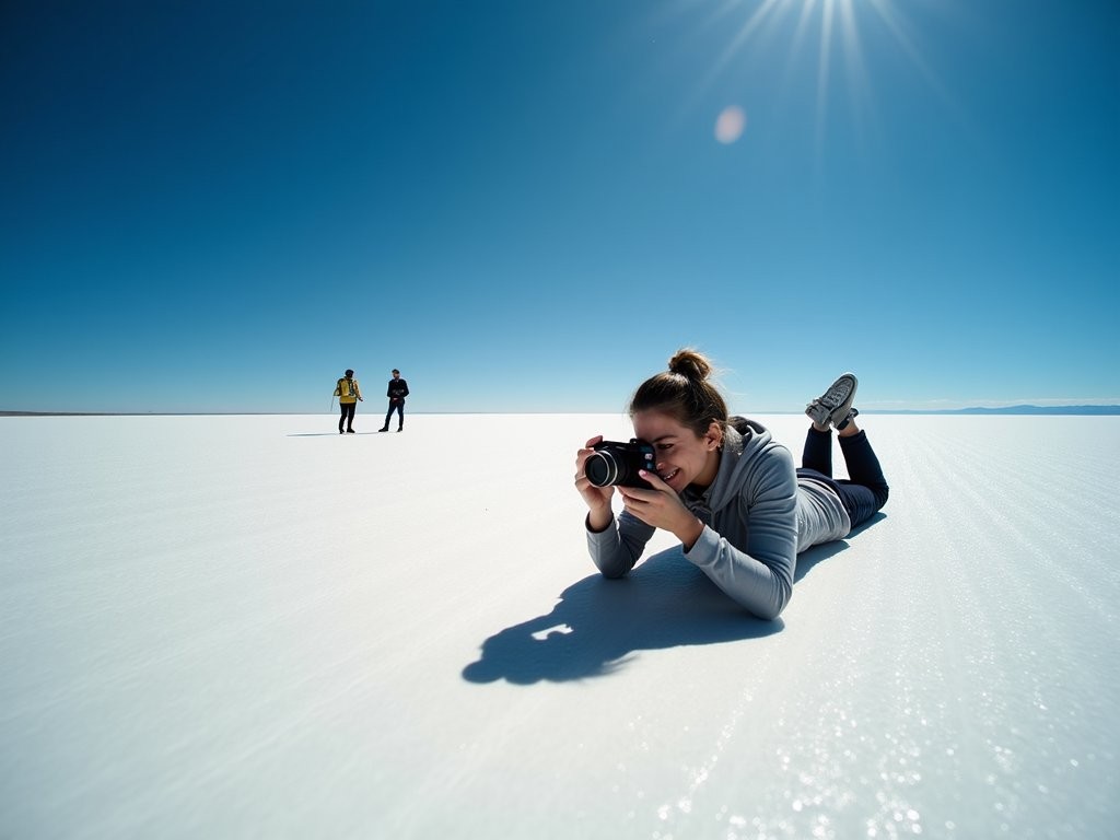 Photographer capturing perspective photo on Salar de Uyuni salt flats