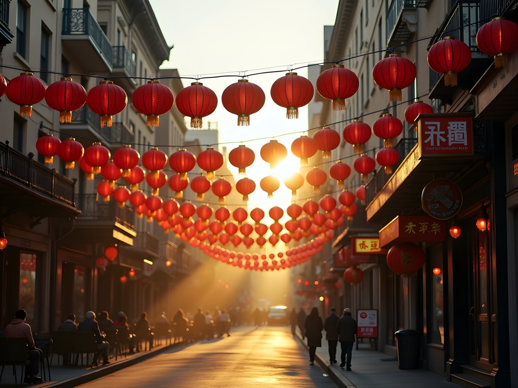 Morning light streaming through red lanterns in San Francisco Chinatown
