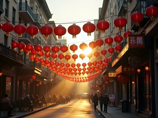 Morning light streaming through red lanterns in San Francisco Chinatown