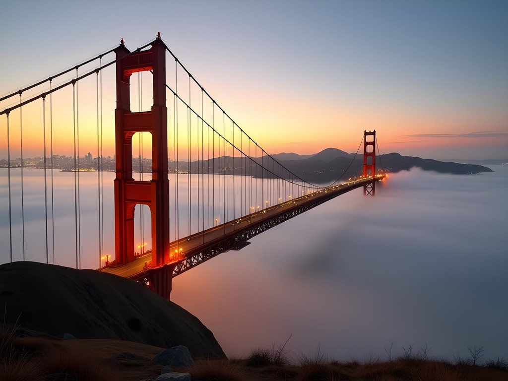 Golden Gate Bridge emerging from morning fog at sunrise