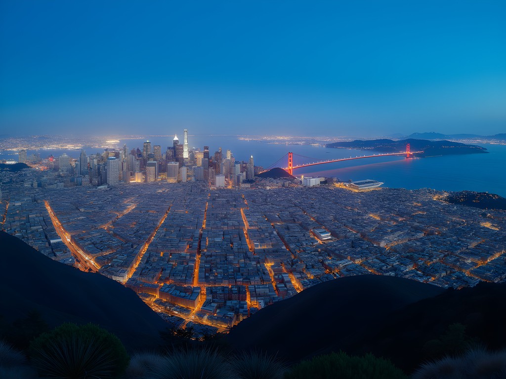 San Francisco cityscape from Twin Peaks during blue hour with city lights