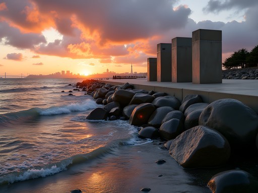 The Wave Organ stone installation at sunset with San Francisco skyline in background