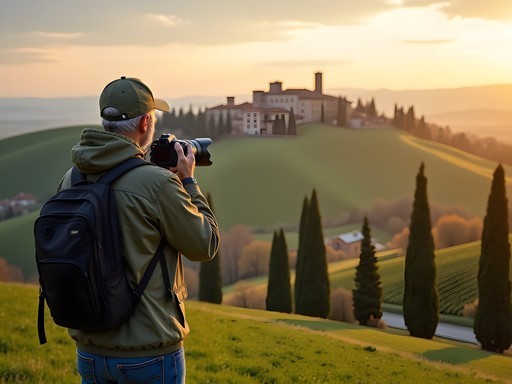 Photographer capturing Tuscan landscape with San Gimignano visible in distance