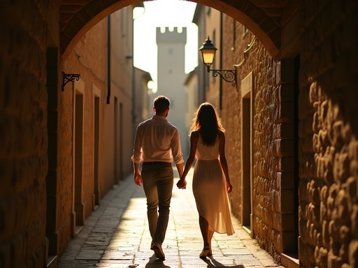 Romantic couple walking through narrow medieval alleyway in San Gimignano