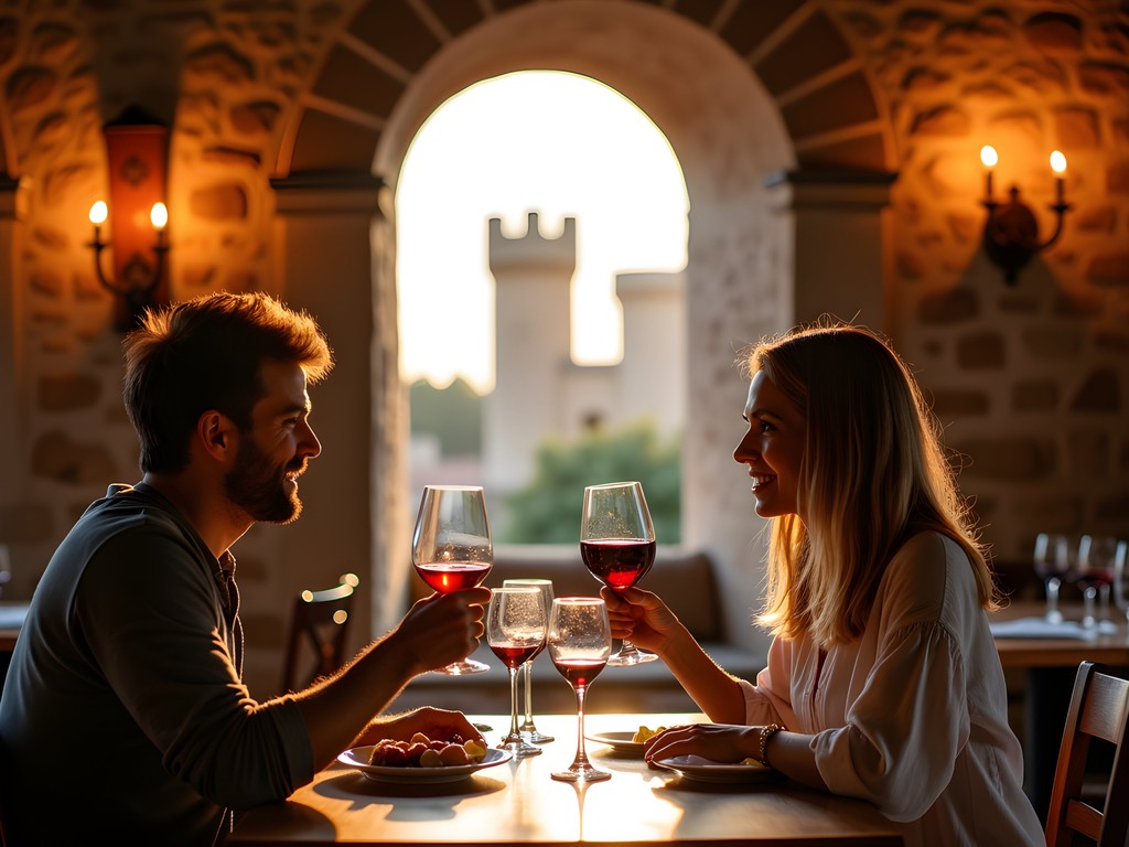 Couple enjoying wine tasting with San Gimignano towers visible through window