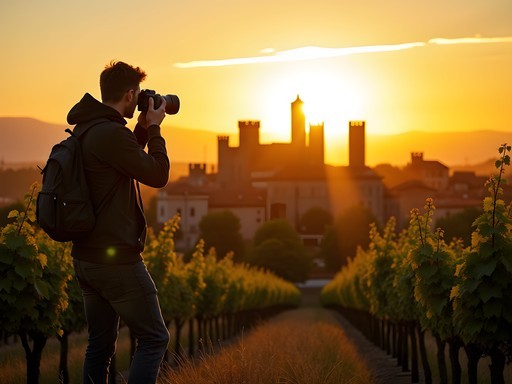 Photographer capturing San Gimignano towers at sunset from vineyard viewpoint