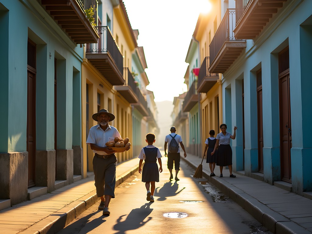 Morning street scene in Tívoli neighborhood with locals and colonial architecture