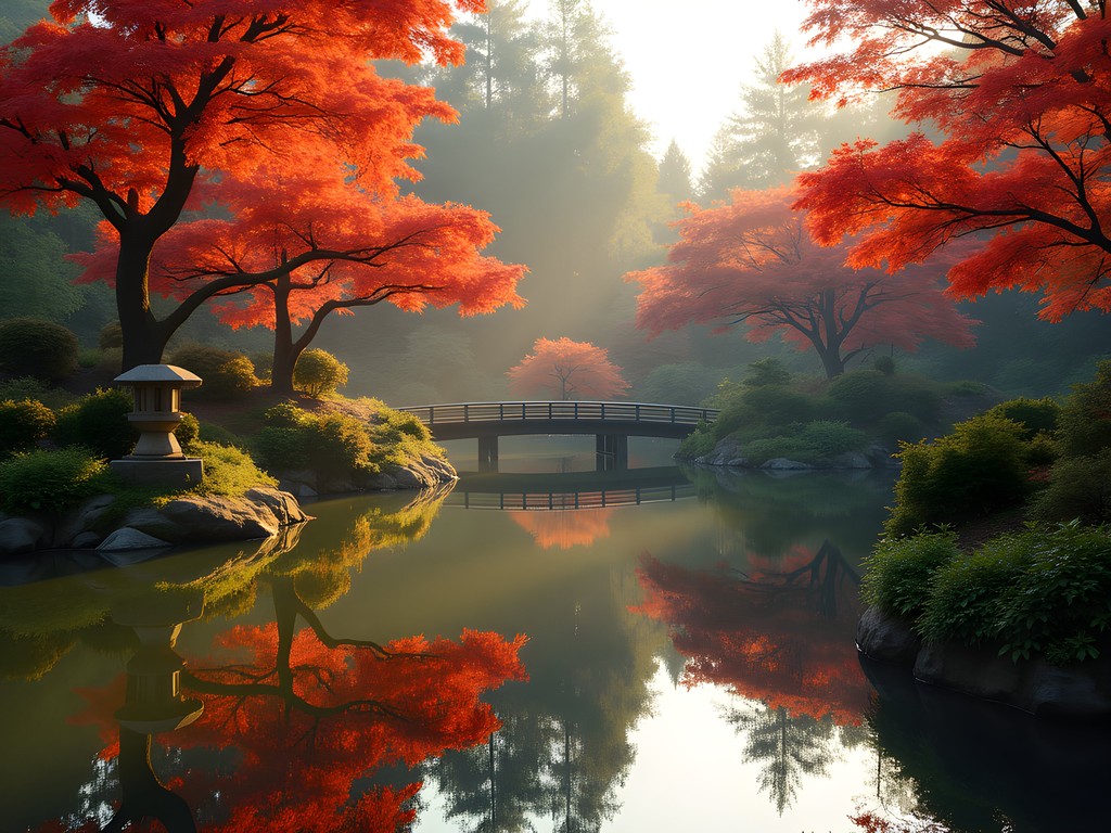 Japanese maple trees in autumn colors reflecting in Kubota Garden pond