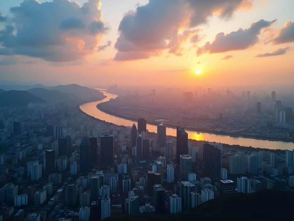 Aerial panorama of Seoul cityscape at sunset viewed from Lotte World Tower observation deck
